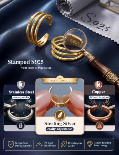 Subiceto 925 Sterling Silver Ear Cuffs Non Piercing - Adjustable Hypoallergenic 14K Gold Plated Clip On Earrings for Women Cubic Zirconia Silver Ear Cuff Helix Cartilage Fake Piercing - color: 08 Three Hoop Gold Tone