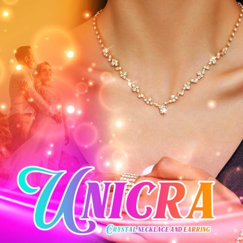 Unicra Bride Crystal Necklace Earrings Set Bridal Wedding Jewelry Sets Rhinestone Choker Necklace Costume Jewelry Set for Women and Brides - color: Gold Necklace Earrings