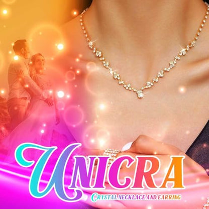 Unicra Bride Crystal Necklace Earrings Set Bridal Wedding Jewelry Sets Rhinestone Choker Necklace Costume Jewelry Set for Women and Brides - color: Gold Necklace Earrings