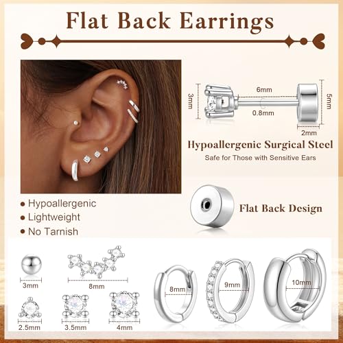 Turandoss 8 Pairs Gold Stud Hoop Earrings for Women | 14K Gold Plated Small Huggie Hoop Earrings, Flat Back Cartilage Earring Stacks Set, Multiple Piercing, Hypoallergenic - color: Silver Plated