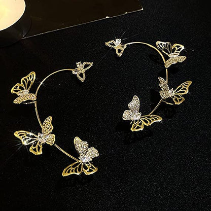BETHYNAS Glitter Rhinestone Butterfly Flower Ear Cuff Sparkly Non-Pierced Crystal Tassel Fake Earrings Climber Lady Ear Wrap Bridal Party Ear Jewelry for Women and Girls - color: Gold Hollow Butterfly