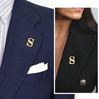 Initial Lapel Pin for Men Women, Brooch Pins for Men Suits, Metal Button Pins in 18K Gold and Silver Tone. - color: Gold-S