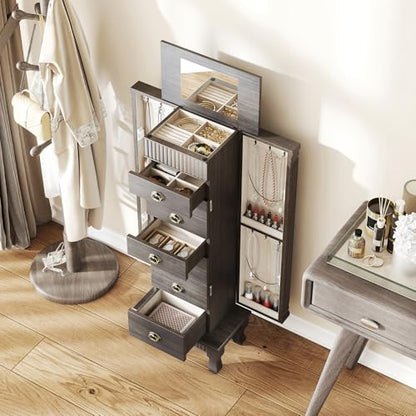 Giantex Standing Jewelry Cabinet with 7 Drawers, Flip-Top Mirror, 2 Side Doors with 12 Necklace Hooks, Divided Ring Compartments, Velvet-Lined Jewelry Armoire Organizer Chest (Weathered Gray) - color: Weathered Gray