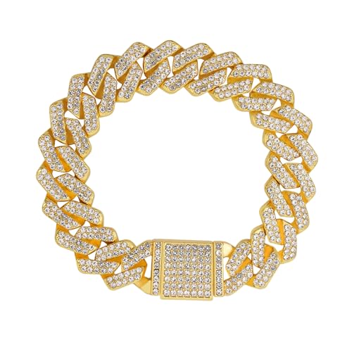 Mens Cuban Link Chain Iced Out Miami Cuban Necklace/Bracelet |14mm Silver & Gold Plated Chains | Bling Diamond Hip Hop Jewelry For Men Women - color: Yellow Gold, size: 7 inches