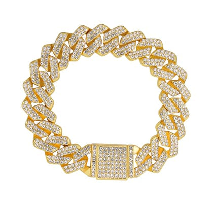 Mens Cuban Link Chain Iced Out Miami Cuban Necklace/Bracelet |14mm Silver & Gold Plated Chains | Bling Diamond Hip Hop Jewelry For Men Women - color: Yellow Gold, size: 7 inches