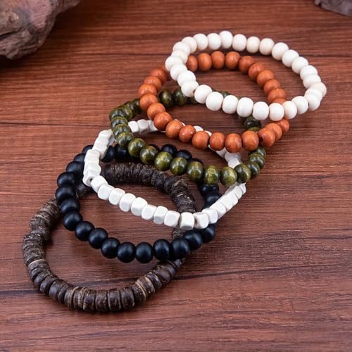 5 Pieces, Womens ans Mens Wooden Bead Bracelets Set, Multi-Color Wood Beads, Bohemian Style Stretch Bracelets