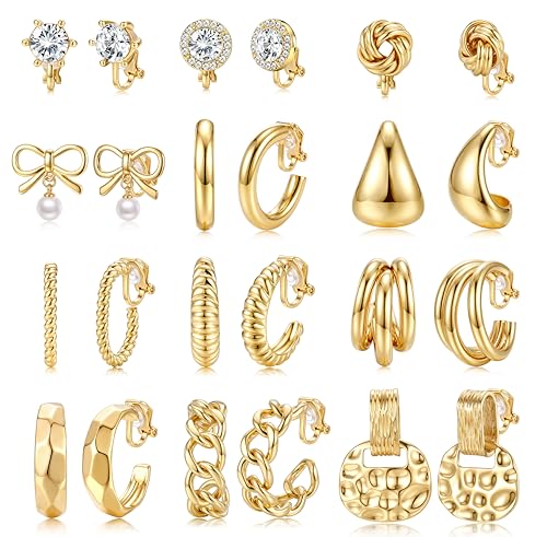 10/11/12 Pairs 16K Gold Plated Clip on Hoop Stud Earrings Set for Women | Non Pierced Earring Set with Chunky Pearl, Twisted CZ Studs and Cute Dainty Dangles, Comfortable Aesthetic Daily Earrings