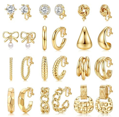 10/11/12 Pairs 16K Gold Plated Clip on Hoop Stud Earrings Set for Women | Non Pierced Earring Set with Chunky Pearl, Twisted CZ Studs and Cute Dainty Dangles, Comfortable Aesthetic Daily Earrings