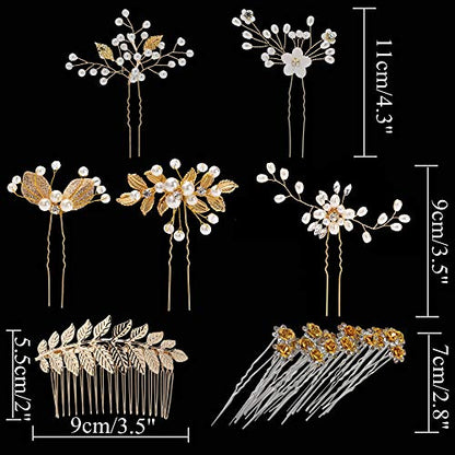 inSowni 28 Pack Wedding Bridal Gold Metal Leaf Hair Side Combs+U Shaped Pearl Rhinestone Fancy Hair Pins Clips Flower Golden Prom Formal Hair Pieces Updo Accessories for Women Girls Brides Bridesmaids