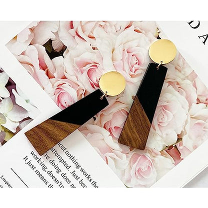 Wooden Geometric Clip On Earrings Women Gold Black Wood Non Pierced Ears Dangle Drop Earrings Triangle Leaf Comfortable Clip Earrings Jewelry - color: Trapezoid_Black+Gold