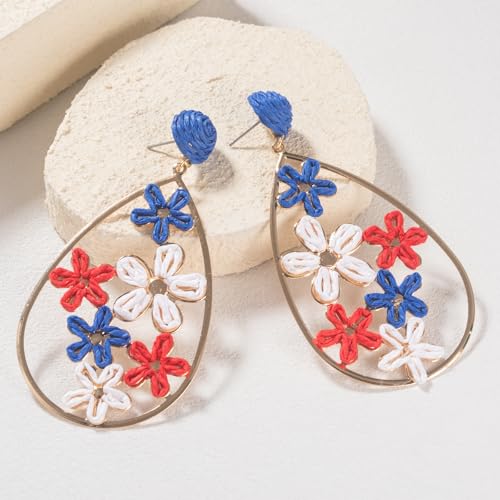 Boho Raffia Flower Teardrop Earrings Cute Colorful Dangle Trendy Jewelry | Floral Drop Statement Big Dangling Earring Hypoallergenic Gold Fun Unique Summer Spring Beach Vacation Outfits for Women - color: Flag