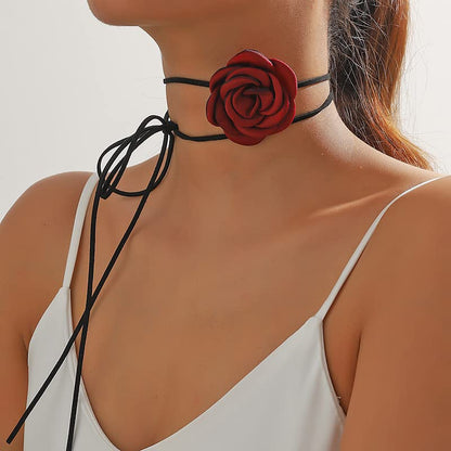 Rose Black Velvet Floral Choker Necklace - Camellia Daisy Rosette - Spring Summer Flower Jewelry - color: Red