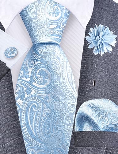 GUSLESON 3.15"（8cm） Mens Tie and Lapel Pin Paisley Necktie Hankerchief Cufflinks Set for Men - color: Baby Blue
