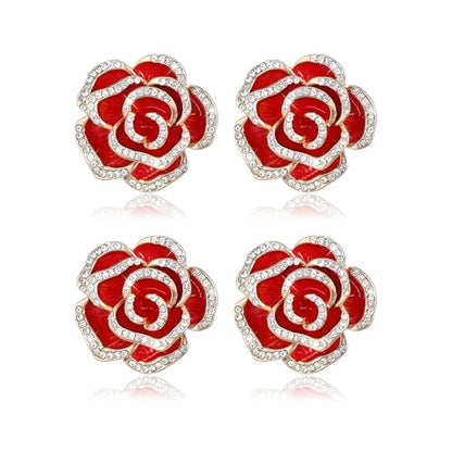 coadipress 4 Pcs Camellia Flower Brooch Pin for Women Ladies Crystal Rhinestone Black Red Floral Brooches Dress Clothing Accessory Wedding Party Birthday Jewelry - color: Red