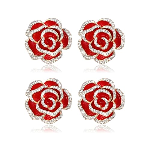 coadipress 4 Pcs Camellia Flower Brooch Pin for Women Ladies Crystal Rhinestone Black Red Floral Brooches Dress Clothing Accessory Wedding Party Birthday Jewelry - color: Red