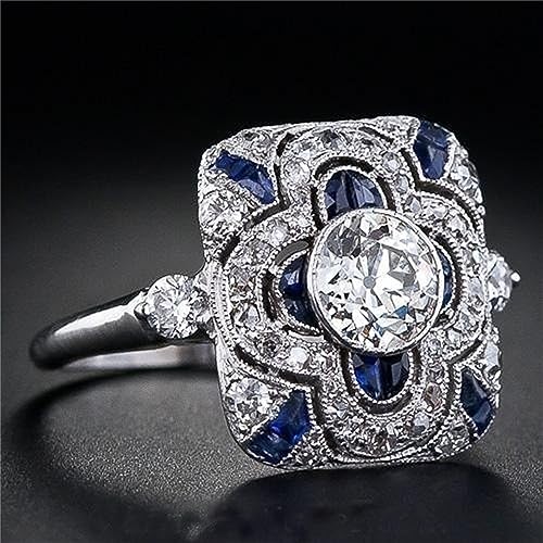 925 Sterling Silver Natural Shining Sapphire Ring Blue Gemstone Cubic Zirconia Promise Rings CZ Luxurious Eternity Engagement Wedding Band Ring for Women (US Code 6) - size: US Code 6