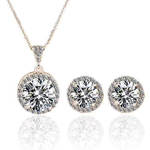 AMYJANE Halo Crystal Jewelry Set - Sterling Silver Round Cubic Zirconia Crystal Bridal Pendant Necklace Earrings Set for Wedding Bride Bridesmaids - color: Clear-Gold