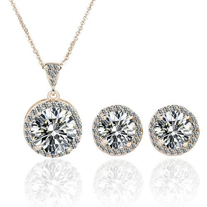 AMYJANE Halo Crystal Jewelry Set - Sterling Silver Round Cubic Zirconia Crystal Bridal Pendant Necklace Earrings Set for Wedding Bride Bridesmaids - color: Clear-Gold