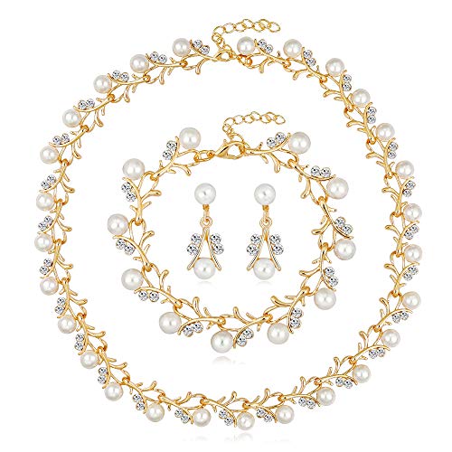 tenghong2021 Fashion Classic Faux Pearl Jewelry Set Necklace Bracelet Earrings for Women Best Gift - color: Gold Leaf