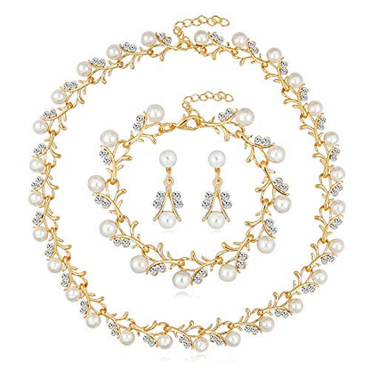 tenghong2021 Fashion Classic Faux Pearl Jewelry Set Necklace Bracelet Earrings for Women Best Gift - color: Gold Leaf