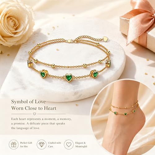 Midari 18K Yellow Gold Gemstone Birthstone Anklet Bracelet Heart Jewelry with 12 Months Birthstone Birthday Gifts for Women Wife Her Daughter Mom - color: 05-May-Emerald, size: Anklet 9"-11"