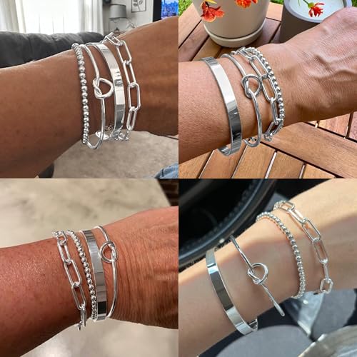 Gold Bracelets Stack Jewelry for Women Non Tarnish Waterproof | 14K Gold Plated Bangle Cuff Bracelet Set Accessories - color: Silver, style: Style A