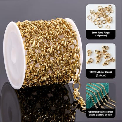 UMAOKANG 2 Meters Gold Plated Stainless Steel Chains for Jewelry Making Circle Link Chain on Spool with Jump Rings and Lobster Clasps - color: Circle Gold