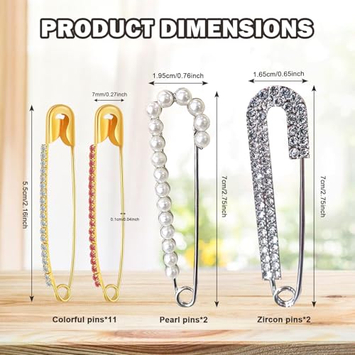 Gold Rhinestone Safety Pins, Rhinestone Gold Safety Pins Large Pin Brooches, Women Brooch Pins Sweater Shawl Clips Faux Crystal Pearl Fancy for Women