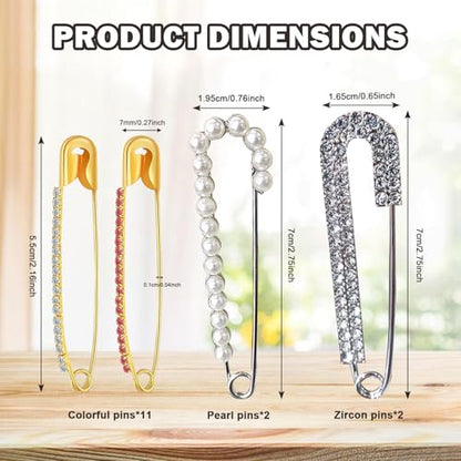 Gold Rhinestone Safety Pins, Rhinestone Gold Safety Pins Large Pin Brooches, Women Brooch Pins Sweater Shawl Clips Faux Crystal Pearl Fancy for Women