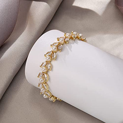 EVER FAITH Gorgeous Cubic Zirconia Pearl Wedding Link Bracelet for Bride | Marquise Teardrop Crystal Bridal Prom Jewelry, for Women Bridesmaids - style: Marquise_Clear Gold-Tone
