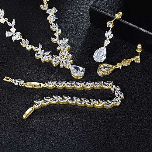 Jewelry Set for Women, Necklace Dangle Earrings Bracelet Set with White AAA Cubic Zirconia, Allergy Free Wedding Party Jewelry for Bridal Bridesmaid - color: Necklace + Earrings + Bracelet- gold plated