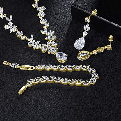 Jewelry Set for Women, Necklace Dangle Earrings Bracelet Set with White AAA Cubic Zirconia, Allergy Free Wedding Party Jewelry for Bridal Bridesmaid - color: Necklace + Earrings + Bracelet- gold plated