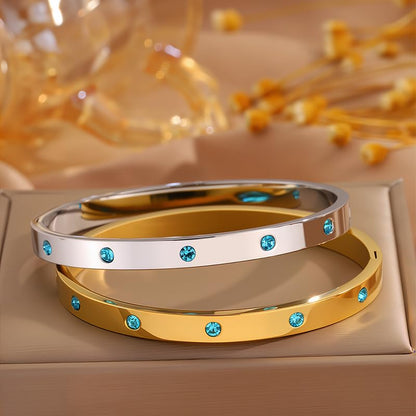 Women’s Silver Bracelet with Blue Crystals – Stainless Steel Slim Hinged Bangle