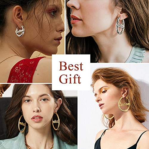 FindChic Chunky Hoop Earrings for Women, Silver/Black/14K Gold Plated Crossover Patterned Hollow Tube Rounded Loop Earrings, 30mm/40mm/60mm/80mm Hoops with Custom Name Options and Gift Box - color: f.Gold (Custom Name), size: 30MM