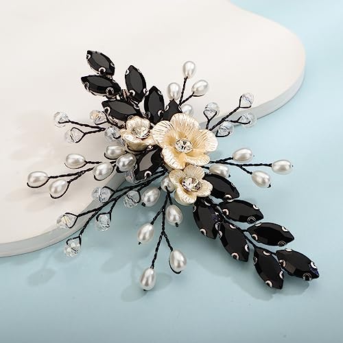 Xerling Black Rhinestones Crystal Flower Hair Barrettes Clip Boho Bridal Pearl Hair Jewelry Accessories for Women Wedding Floral Headpieces (Black) - color: Black