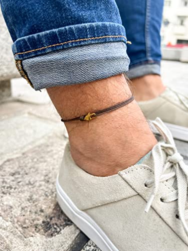 Made by Nami Surfer Anklet with Snap Hook Clasp Waterproof & Adjustable Thin String Ankle Bracelets for Women and Men Handmade Jewelry for Beach and Music Festival Accessories - color: Brown Gold