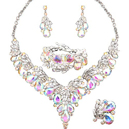 Jewelry Set for Women, Statement Necklace Dangle Earrings Bracelet Ring, White/KC Gold Plated Jewelry Set with Rhinestone Pearl Crystal Wedding Party Jewelry for Bridal Bridesmaid - color: AB Crystal-Platinum Plated
