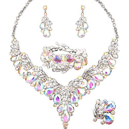 Jewelry Set for Women, Statement Necklace Dangle Earrings Bracelet Ring, White/KC Gold Plated Jewelry Set with Rhinestone Pearl Crystal Wedding Party Jewelry for Bridal Bridesmaid - color: AB Crystal-Platinum Plated