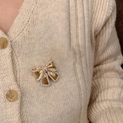 14k Golden Plated Bow Knot Lapel Brooch Pin Cultured Pearl Ribbon Bow Pins Clip Sweater Dress Suit Clothes Accessories Brooches Pins Fashion Christmas Birthday Jewelry Gifts for Women Girls Decor