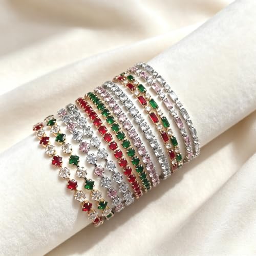 3Pcs Women Stackable 14K Gold Plated Tennis Bracelet with Colorful CZ | Dainty Classic Everyday Jewelry 14K Gold Plated Colorful Cubic Zirconia Tennis Bracelet Created Diamond for Wedding 7 inches - color: gold red