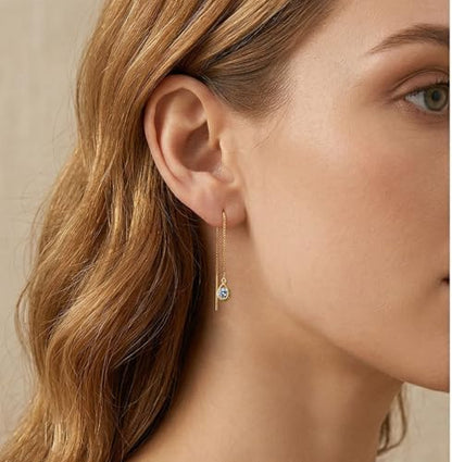 Reffeer Solid 925 Sterling Silver CZ Droplet Chain Dangle Earrings for Women Teen Girls Tassel Dangle Earrings Threader - color: B-Yellow