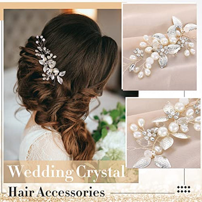 Henoyso 5 Pcs Wedding Jewelry Set for Women, Rhinestone Necklace Earrings Bracelet Headpieces Set for Bride Bridesmaid Prom - style: Bright Style