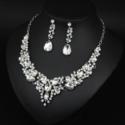 Crystal Bridal Jewelry Set, Floral Statement Necklace, Earrings, Bracelet, Wedding Accessories - color: White