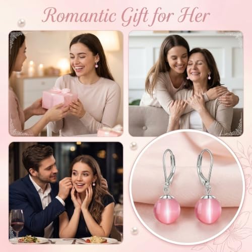 Pearl Leverback Earrings for Women Dangle Round Gemstone Earrings Birthstone Jewelry Gift Anniversary for Her - color: 21 Pink cat-eye