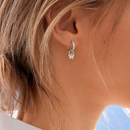 DAILY VIBES Cute Butterfly Star Cross Heart CZ Dangle Earrings for Women | 925 Sterling Silver Post, 14K Gold or Silver Plated, Mini Cubic Zirconia Dainty Drop, Cartilage Small Huggie Hoop Earrings - color: Silver Butterfly CZ