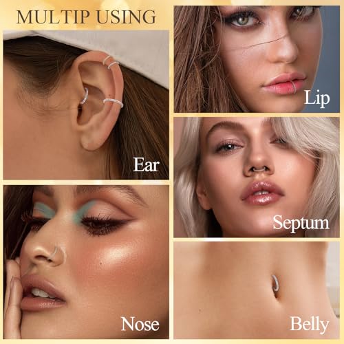 PEAKLINK Nose Ring 316L Surgical Steel Helix Cartilage Conch Earring with Gem Septum Clicker Daith Rook Tragus Lip Belly Ear Lobe Piercing Jewelry Nose Hoop, Diameter 5mm to 12mm - color: Black with Clear CZ