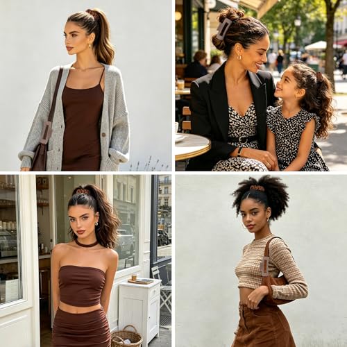 YISSION Claw Clip and Satin Scrunchie Set, 2 Pack Brown Hair Accessories, No Damage Hair Ties Non Slip Large Hair Clips for Women Girls Thick Thin Hair Daily Wear Party Wedding - color: Brown