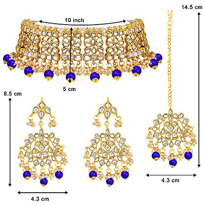 Aheli Elegant Indian Faux Kundan Studded Choker Necklace with Maang Tikka Set Ethnic Wedding Wear Bharatanatyam jewellery set Gift for Women - color: Blue 2