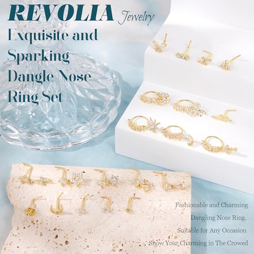 REVOLIA 20PCS 20G Dangle Nose Rings for Women Surgical Steel Dangling Nose Rings L Shaped Nose Studs Hoops CZ Flower Butterfly Heart Nose Piercing Jewelry - color: Gold