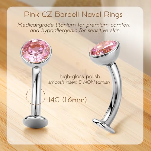Upgraded Wearability Floating Belly Button Ring, G23 Titanium Internally Threaded Belly Button Piercing 14G, Curved Barbell Belly Rings, Pink Clear CZ Navel Rings with 10mm and 12mm Bar, Silver Gold Plated - color: Silver,Pink CZ